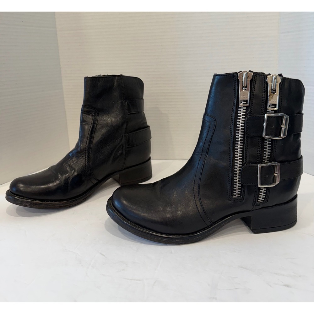Steve Madden Mottoo Black Leather Moto Buckle Zip Edgy Ankle Boots Sz‎ 8.5